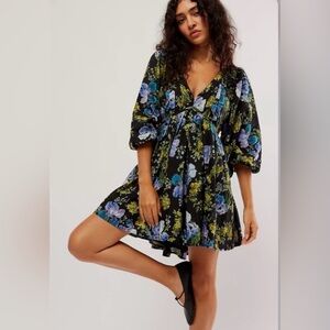 Free People Beck Black Dress with Blue and Yellow Floral Design S